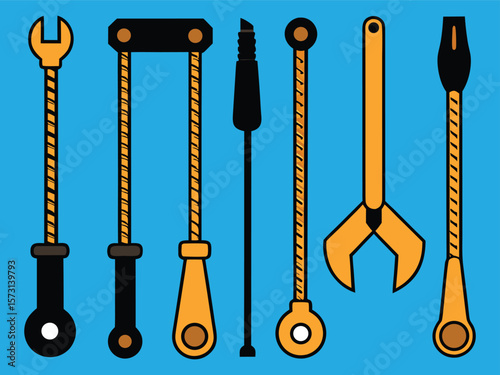Illustration of Assorted Hand Tools Featuring Wrenches, Saw, and Screwdriver on Blue Background