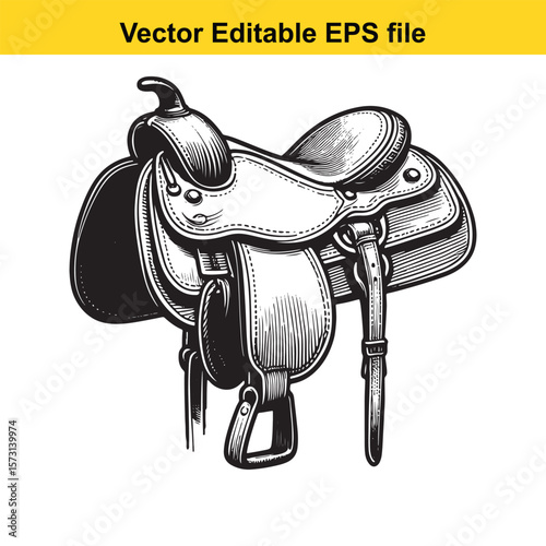 Engraved Western Saddle Vector Illustration A Timeless Equestrian Design for Apparel and Decor Projects with Vintage Appeal