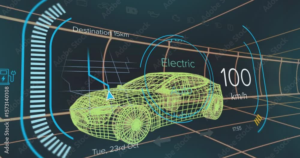 Starting simulation animating wireframe car accelerating, mode ring toggling visualizing navigation