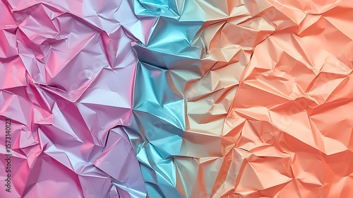 Crumpled metallic foil with gradient colors blending from purple to blue to peach, creating an abstract textured background.