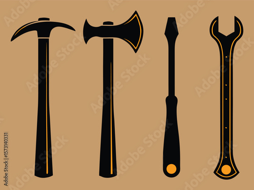 Vector illustration of pickaxe, axe, screwdriver and wrench, basic tools, isolated