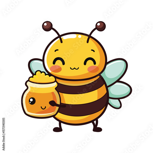 kawaii bee hugging honey jar cheerful vector