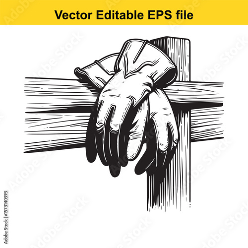 Resting Work Gloves on Wooden Post Monochrome Illustration Farm Work Concept Artistic Depiction
