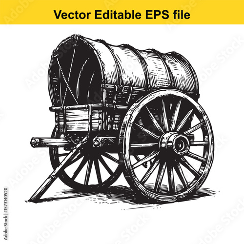 Vintage Covered Wagon Illustration Detailed Black and White Drawing of a Historic Wagon