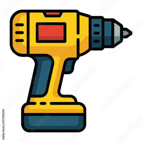 A vibrant illustration of a yellow and blue cordless drill, symbolizing construction, repair, and diy projects