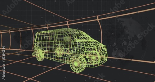 Upon loading neon yellow wireframe van in grid tunnel while globe defining for model visualization