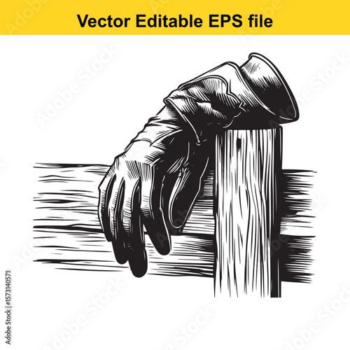 Resting Work Gloves on Wooden Post Monochrome Illustration Farm Work Concept Artistic Depiction