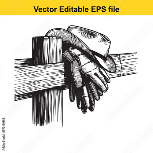 Resting Work Gloves on Wooden Post Monochrome Illustration Farm Work Concept Artistic Depiction