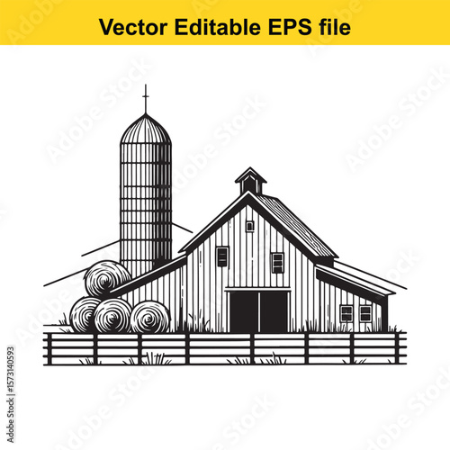 Artistic Farm Barn Illustration with Hay Bales Rural Americana and Black and White Details