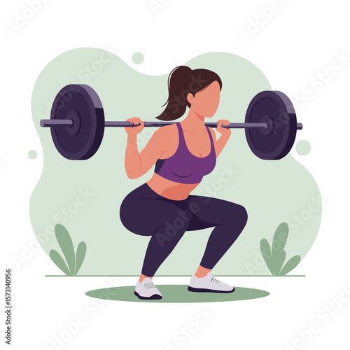 An illustrated woman performs a barbell squat exercise, showcasing fitness in a neutral environment, ideal for health and wellness themes.