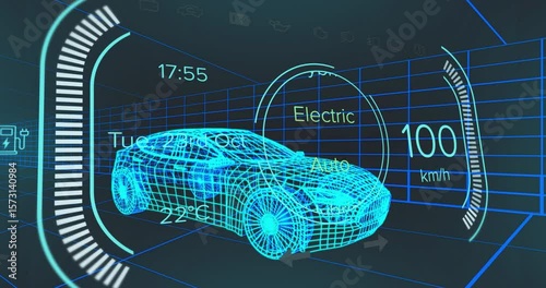 Upon startup holographic wireframe car shifting modes and changing speeds to visualize performance