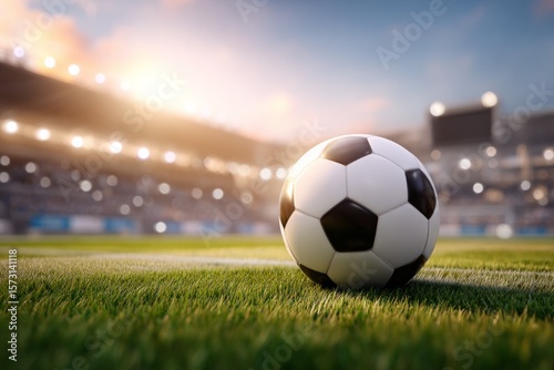 A soccer ball is sitting on a green field