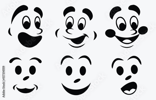 Set of black and white cartoon character faces with various emotions and expressions. Vintage style avatar vector illustration for animation, mascot, and design projects.