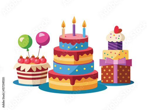 Three festive birthday cakes with candles and balloons isolated on white background

