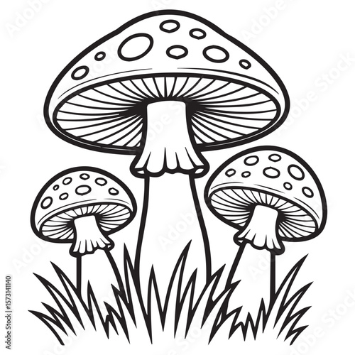 A detailed black and white line art illustration of three mushrooms growing in the grass, capturing the essence of nature