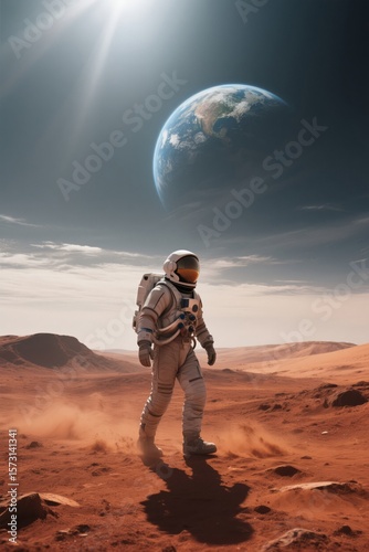Mars Explorer: Astronaut's Solitary Walk Under Earth's Gaze, Red Planet Landscape