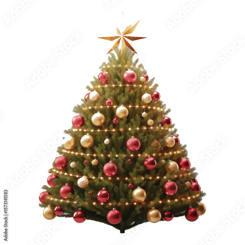 A beautifully decorated christmas tree adorned with red and gold ornaments, topped with a shining star, radiating festive cheer