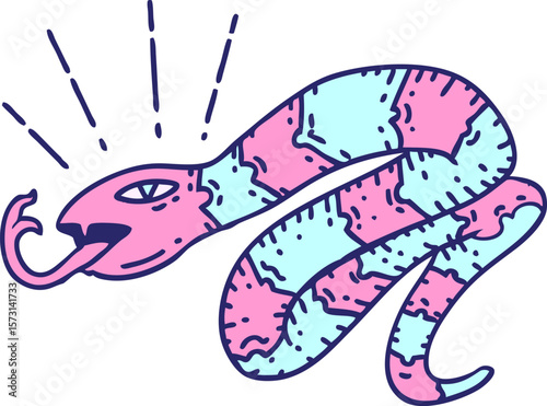 illustration of a traditional tattoo style hissing snake in bright neon color