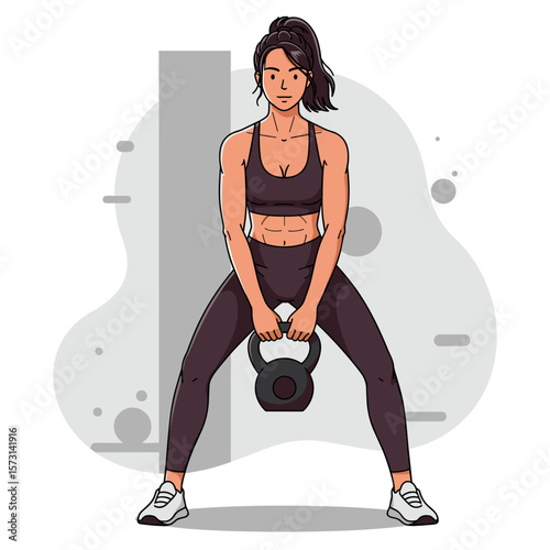 Fit woman with toned abs performing a kettlebell sumo squat exercise in a modern gym setting, promoting healthy lifestyle.