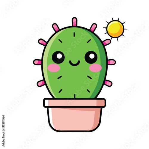 kawaii cactus with blush cheeks and a smiling sun