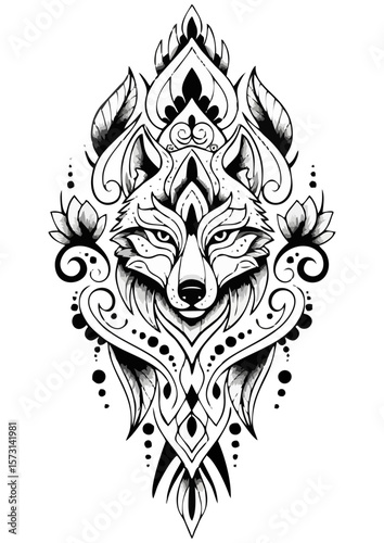 Detailed black and white illustration of a woolf surrounded by intricate floral patterns