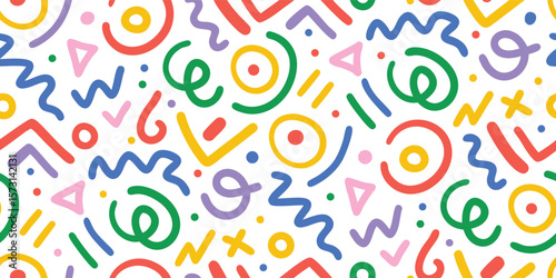 Abstract hand drawn seamless pattern. Colorful doodle shapes, squiggles, and geometric elements vector background. Playful retro print for kids design, fabric, wallpaper, and creative projects.