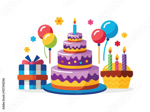 Festive birthday celebration with tiered cake gift balloons and candles isolated on white background
