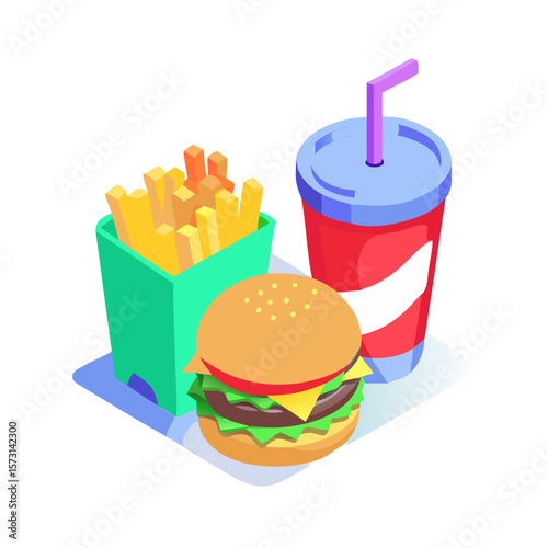 Fast Food Combo Meal with Burger, Fries, and Soda