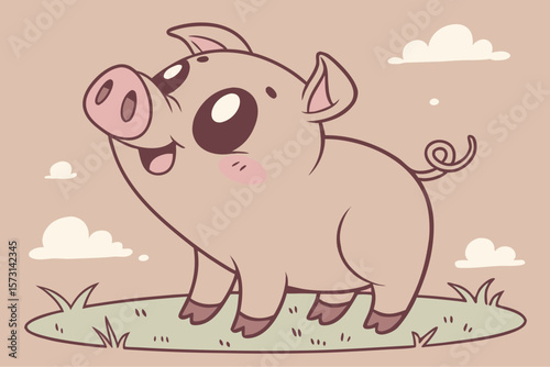Adorable chibi pig cartoon with big eyes standing on grass under cloudy sky