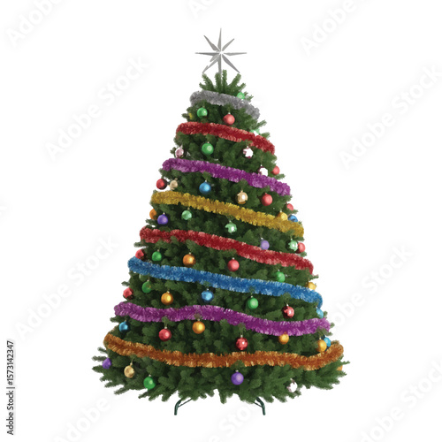 A vibrant christmas tree adorned with colorful tinsel and ornaments, topped with a shining star, ready for the holidays