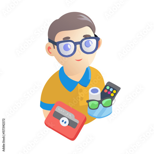 Geeky Student Character with School and Tech Supplies