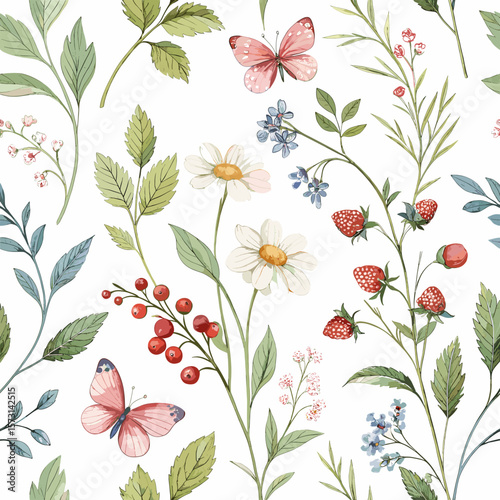 Seamless floral pattern with butterflies and various green leaves on a white background, for bed linen, for paper, for notebook covers, as well as in the design of products with the eco, botanical 