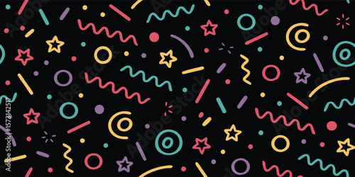 Abstract retro seamless pattern. Colorful confetti, stars, and geometric shapes vector background. Fun festive 80s 90s style print for party, celebration, fabric, and wrapping paper design.