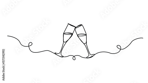 Glass of gold sparkling wine line icon. Outline hand drawn crystal wineglass of luxury fizzy drink with bubbles for party