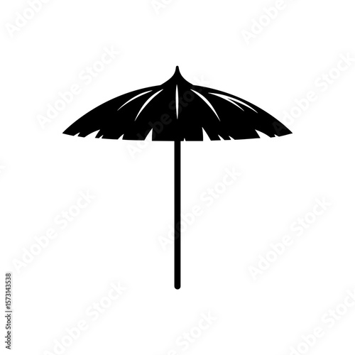 Illustration of a parasol with a central pole and a canopy with scalloped edges providing shade outdoors