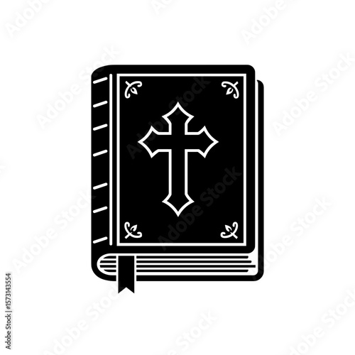 Illustration of a closed holy bible with a cross and decorative elements bookmarked for reading and study