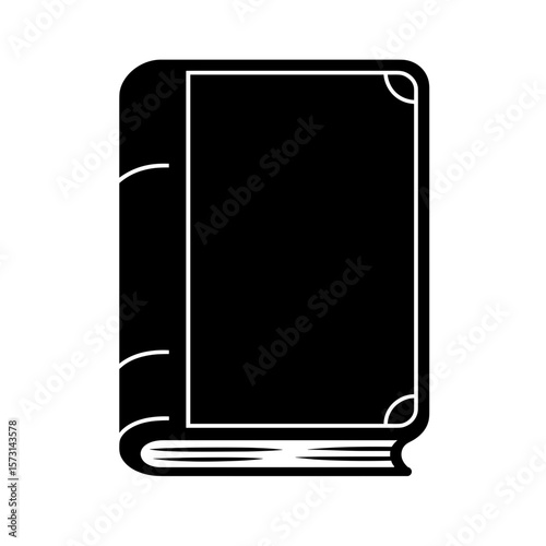 Illustration of a closed book with visible spine and cover details in a solid presentation style art