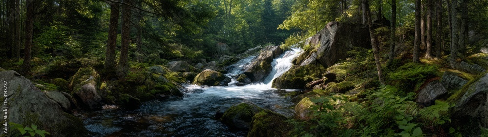 Fototapeta premium Rushing waterfall action forest hdr 360 degrees nature scene hdri