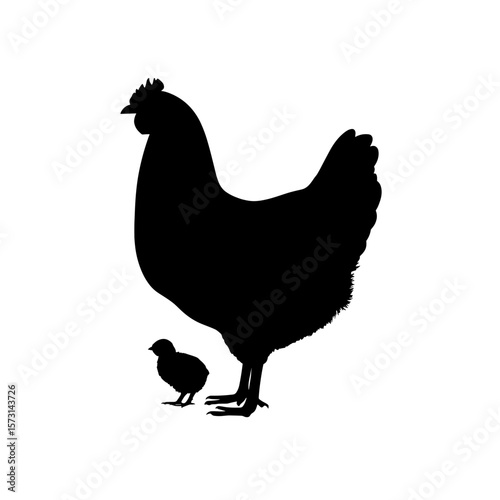 Silhouette of a hen standing with a chick near her legs in a poultry illustration art piece