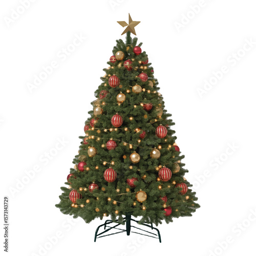 A beautifully decorated christmas tree shines with red and gold ornaments and a star on top, creating a festive holiday scene