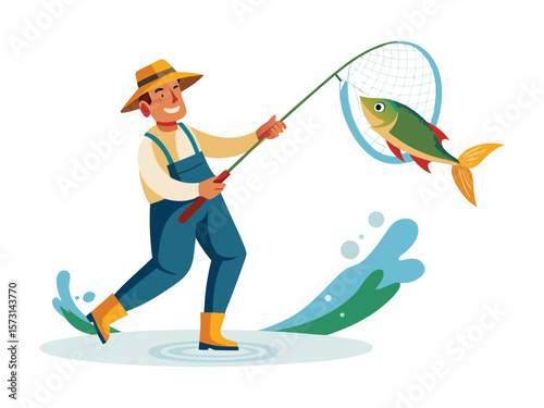Smiling fisherman wearing overalls and hat catches a fish with a net isolated on white background
