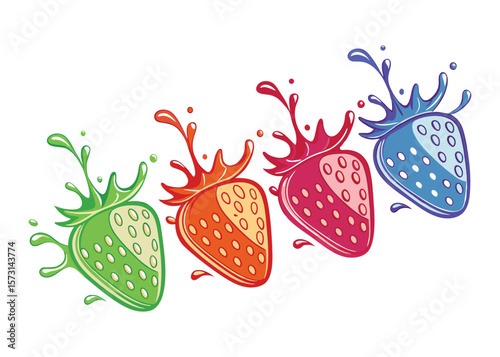 Colorful strawberry splash vector illustration set. Abstract fruit graphic with vibrant juice drops. Sweet food element for beverage packaging, ads, branding, and print design projects.