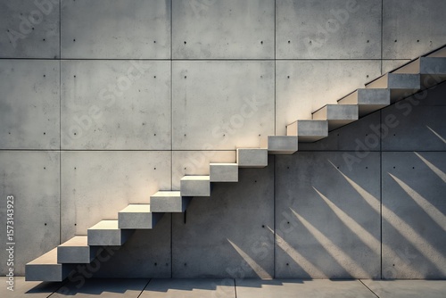 Modern minimalist concrete staircase ascends against a textured concrete wall with dramatic diagonal light and shadow patterns