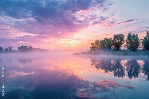 A serene summer sunrise over a calm lake, with pastel colors reflecting on the water.