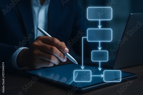 Workflow automation and business process mapping concept. Businessman using laptop with flowchart interface, representing workflow automated, process planning, business flow, system optimization,
