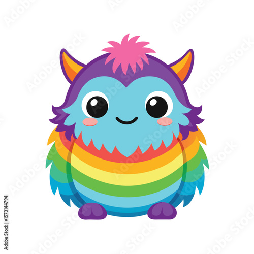 kawaii furry monster with rainbow fur and sleepy eyes