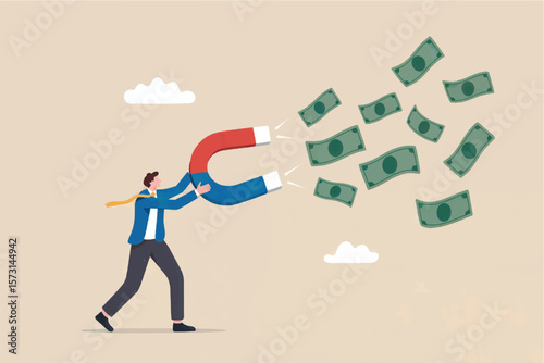 Businessman attracting money with a large horseshoe magnet symbolizing financial success and wealth accumulation isolated on transparent background