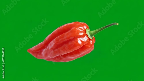 Vibrant Red Habanero Chili Pepper Floating Against a Bright Green Background