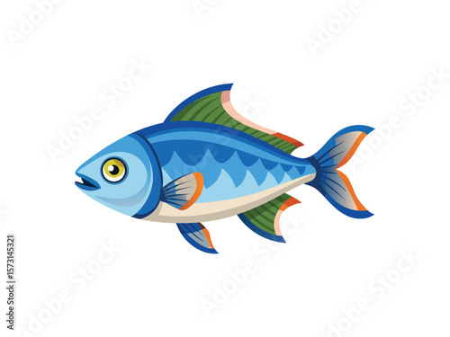 Stylized blue fish with green and orange accents swimming left isolated on white background
