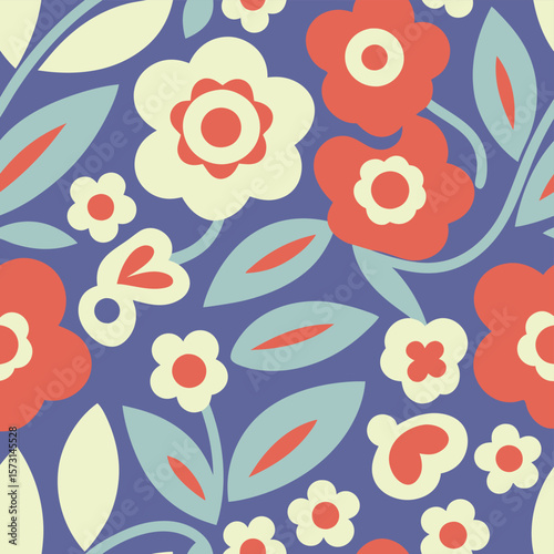 Retro floral pattern with stylized flowers and leaves.
